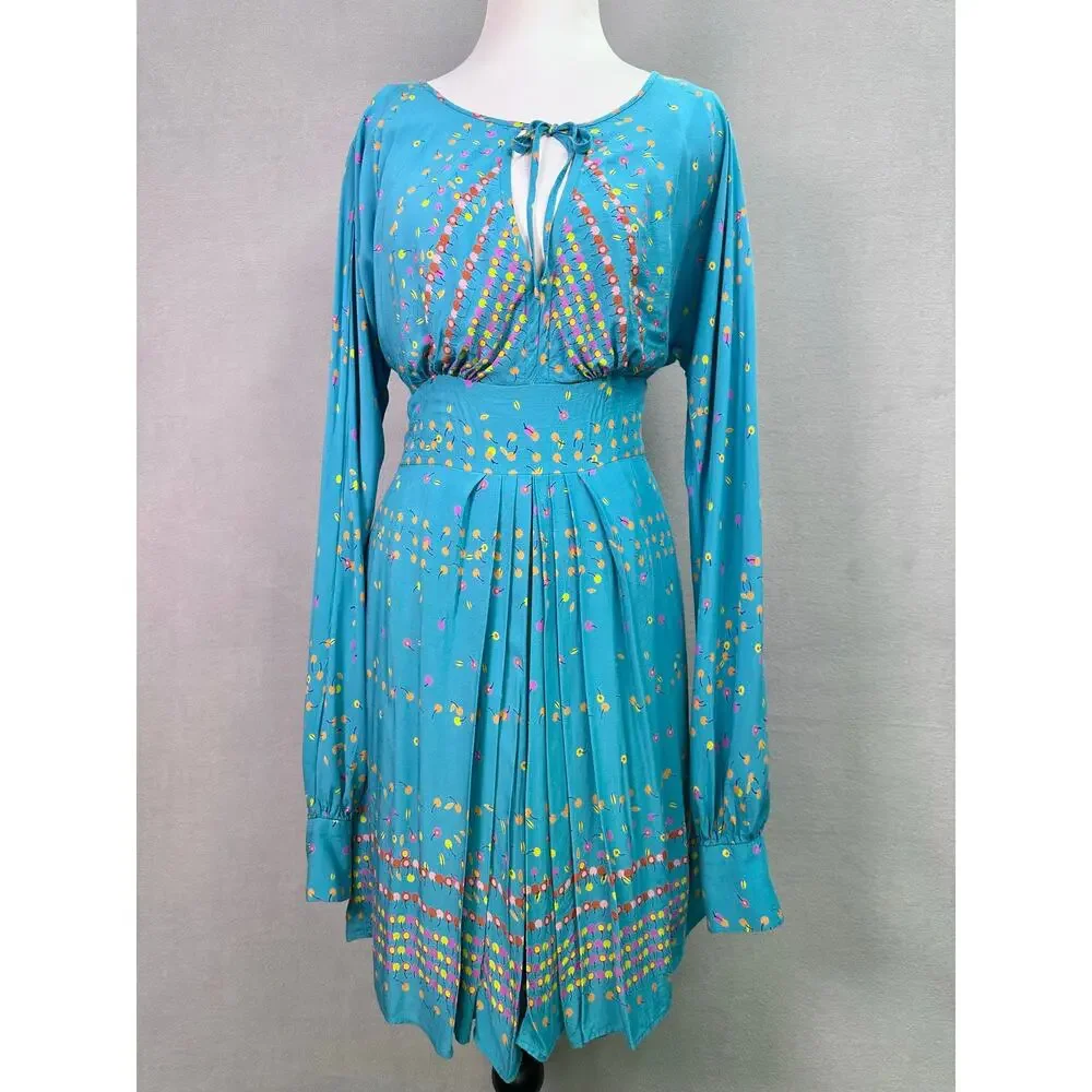 Free People Coryn Mini Dress Cherry Print Teal Blue Green Cut Out Pleated Size 4 - Picture 2 of 12